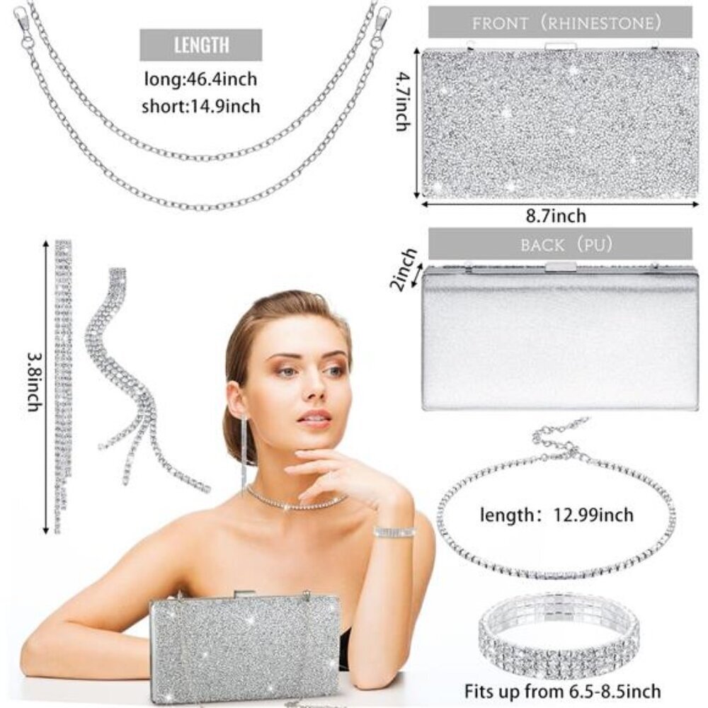 Kigeli 4 Pieces Women Rhinestone Evening Clutch Bag Bling Earring Necklace - Picture 4 of 7